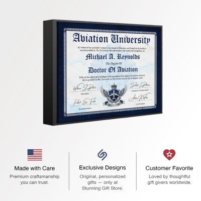 Personalized Aviation Certificate, Aviation Degree Gift, Aviation Graduation Gift, Pilot Achievement Wall Decor, Unique Gift For Aviation
