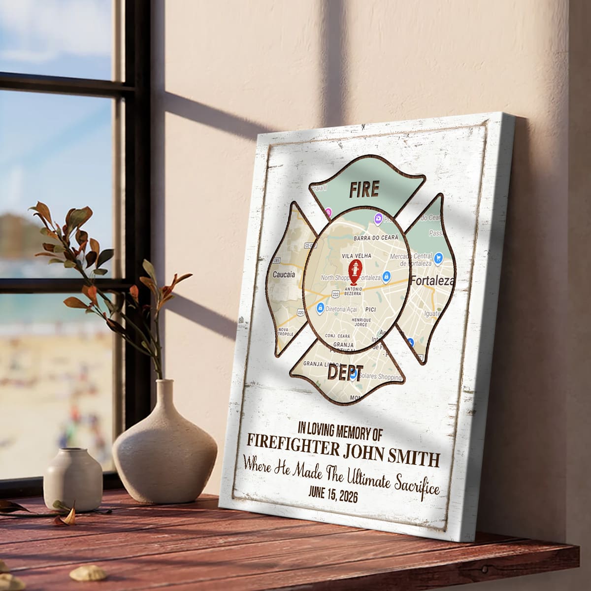 Firefighter Memorial Gift, Personalized Firefighter Memorial Wall Art, Custom Fire Department Map Canvas, Fallen Firefighter Gift, In Loving Memory Gift for a Firefighter Hero