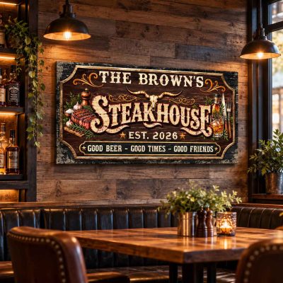 Personalized Steakhouse Sign Canvas, Custom Family Name Bar for Son, Rustic Man Cave Decor, Personalized Grill House Sign for Dad
