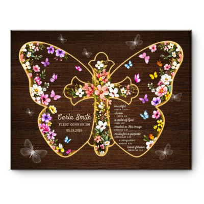 Personalized Confirmation Gift Butterfly Cross Canvas, Custom Name Baptism Gift for Christian Girl, Faith Bible Verse Wall Art, Confirmation Keepsake
