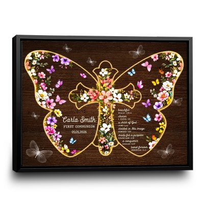 Personalized Confirmation Gift Butterfly Cross Canvas, Custom Name Baptism Gift for Christian Girl, Faith Bible Verse Wall Art, Confirmation Keepsake