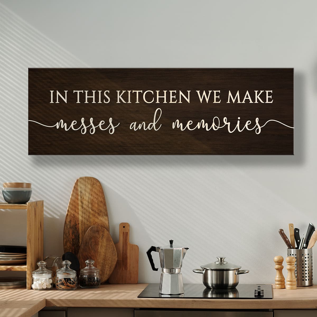In This Kitchen We Make Messes and Memories Sign, Rustic Kitchen Wall Decor, Farmhouse Kitchen Sign Canvas, Rustic Wall Art, Custom Housewarming Gift 1 In This Kitchen We Make Messes and Memories Sign, Rustic Kitchen Wall Decor, Farmhouse Kitchen Sign Canvas, Rustic Wall Art, Custom Housewarming Gift