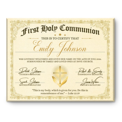 Personalized First Holy Communion Certificate, Custom Catholic Communion Canvas, First Communion Keepsake, Religious Gift For Girl