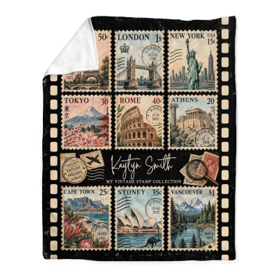 Personalized Stamp Blanket, Custom Postage Stamp Blanket, Stamp Collection Gift, Vintage Stamp Gift, Stamp Collector Gift, Travel Blanket