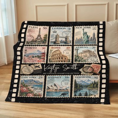 Personalized Stamp Blanket, Custom Postage Stamp Blanket, Stamp Collection Gift, Vintage Stamp Gift, Stamp Collector Gift, Travel Blanket