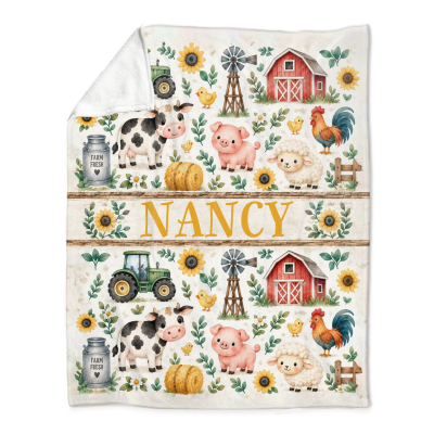 Personalized Farm Animal Blanket, Custom Farmhouse Throw Blanket, Farm Family Gift, Cow Pig Chicken Blanket, Country Home Decor
