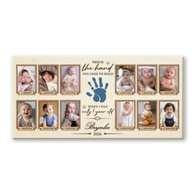 Personalized Baby First Year Photo Canvas, Custom Monthly Baby Milestone Picture, Baby Handprint Keepsake, First Year Baby Gift, Kid Birthday Gift