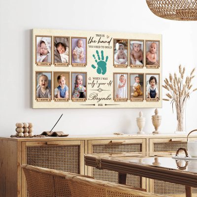 Personalized Baby First Year Photo Canvas, Custom Monthly Baby Milestone Picture, Baby Handprint Keepsake, First Year Baby Gift, Kid Birthday Gift