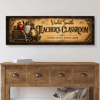 Personalized Teacher Classroom Sign, Custom Vintage Teacher Name Sign, Classroom Decor Canvas, Back to School Teacher Gift, Teacher Appreciation Sign Wall Art
