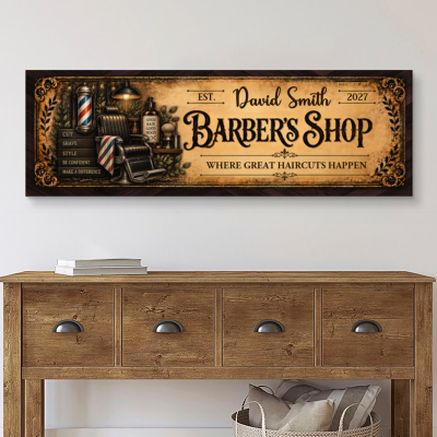 Personalized Barber Shop Sign, Custom Vintage Barber Name Sign, Barber Shop Decor Canvas, Barber Graduation Gift, Barber Appreciation Sign Wall Art