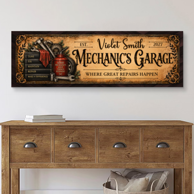 Personalized Mechanic Garage Sign, Custom Vintage Mechanic Name Sign, Auto Workshop Decor Canvas, Mechanic Retirement Gift, Mechanic Appreciation Sign Wall Art