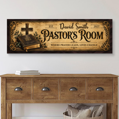 Personalized Pastor Room Sign, Custom Vintage Pastor Name Sign, Church Office Decor Canvas, Pastor Appreciation Month Gift, Preacher Appreciation Sign Wall Art