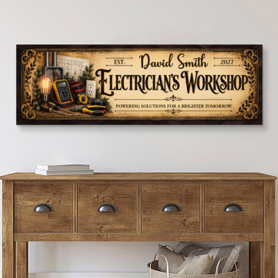 Personalized Electrician Workshop Sign, Custom Vintage Electrician Name Sign, Electrician Shop Decor Canvas, Journeyman Graduation Gift, Electrician Appreciation Sign Wall Art