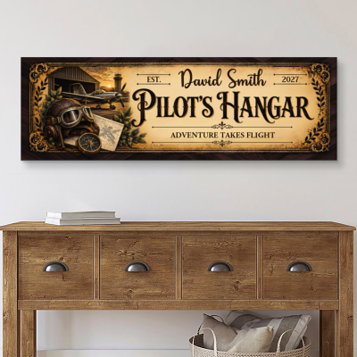 Personalized Pilot Hangar Sign, Custom Vintage Pilot Name Sign, Aviation Wall Decor Canvas, Flight School Graduation Gift, Pilot Appreciation Sign Wall Art