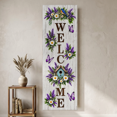 Welcome Floral Wall Decor, Rustic Canvas Welcome Sign, Lavender Flower Wall Art, Farmhouse Porch Decor, Butterfly Home Entrance Decor