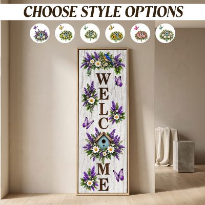 Welcome Floral Wall Decor, Rustic Canvas Welcome Sign, Lavender Flower Wall Art, Farmhouse Porch Decor, Butterfly Home Entrance Decor