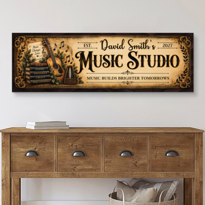 Custom Music Studio Sign Canvas Wall Art, Personalized Music Room Wall Decor, Vintage Guitar Musician Gift, Music Teacher Wall Art
