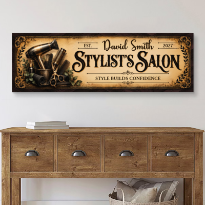 Custom Name Salon Decor Canvas Print, Custom Hair Stylist Gift, Salon Studio Wall Decor, Vintage Salon Owner Gift