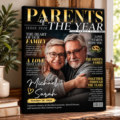 Personalized Parents Of The Year Magazine Canvas, Custom Family Photo Wall Art, Meaningful Gift For Parents, Gift For Mom and Dad