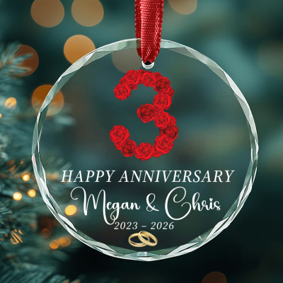 3rd Anniversary Glass Ornament, Personalized Couple Christmas Ornament, Custom Names and Date, 3 Year Wedding Anniversary Gift, Romantic Keepsake