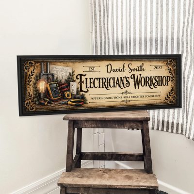 Personalized Electrician Workshop Sign, Custom Vintage Electrician Name Sign, Electrician Shop Decor Canvas, Journeyman Graduation Gift, Electrician Appreciation Sign Wall Art