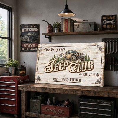 Custom Jeep Club Sign Canvas, Personalized Jeep Wall Decor, Family Name Off Road Sign, Jeep Lover Gift, Garage Decor, Man Cave Sign