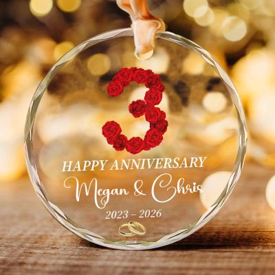 3rd Anniversary Glass Ornament, Personalized Couple Christmas Ornament, Custom Names and Date, 3 Year Wedding Anniversary Gift, Romantic Keepsake