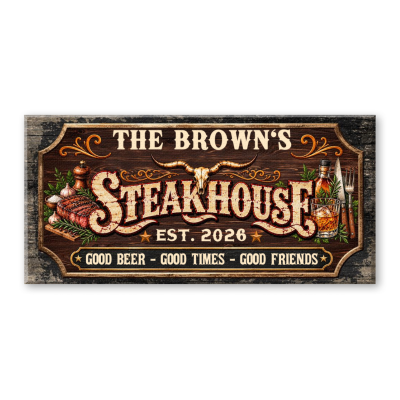 Personalized Steakhouse Sign Canvas, Custom Family Name Bar for Son, Rustic Man Cave Decor, Personalized Grill House Sign for Dad