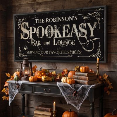 Personalized Spookeasy Sign, Custom Family Name Bar Canvas, Gothic Spooky Home Bar Decor, Rustic Halloween Lounge Wall Art