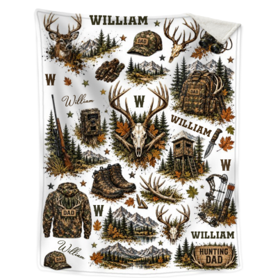 Personalized Hunting Dad Blanket, Custom Camo Deer Hunting Throw, Hunter Dad Gift, Outdoor Cabin Decor, Father’s Day Blanket, Dad Christmas Gift