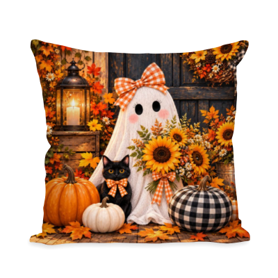 Cute Ghost Halloween Pillow, Halloween Ghost Pillow Cover, Halloween Pillow Gift, Fall Home Decor, Cute Ghost And Black Cat Decor