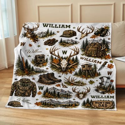 Personalized Hunting Dad Blanket, Custom Camo Deer Hunting Throw, Hunter Dad Gift, Outdoor Cabin Decor, Father’s Day Blanket, Dad Christmas Gift