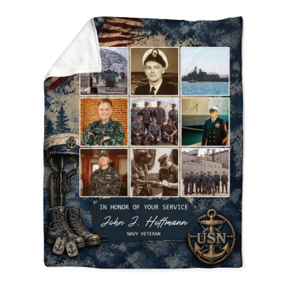Personalized Navy Veteran Blanket, Custom US Navy Photo Collage Gift, Military Veteran Gift, In Honor of Your Service, Military Service Appreciation Decor