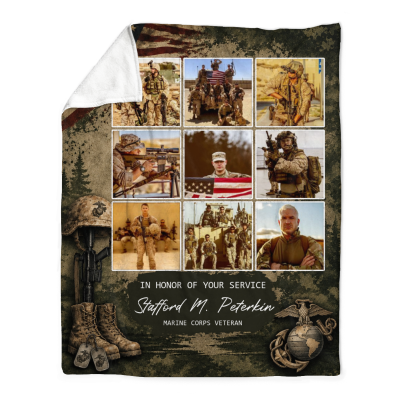Personalized Marine Corps Veteran Blanket, Custom USMC Veteran Photo Gift, Military Service Blanket, In Honor of Your Service Gift Ideas, Veteran Day Gift