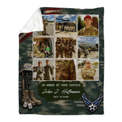 Personalized Air Force Veteran Blanket, Custom USAF Photo Collage Gift, Military Veteran Gift, In Honor of Your Service Gift, Veteran Day Gift Blanket