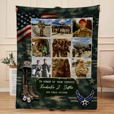 Personalized Air Force Veteran Blanket, Custom USAF Photo Collage Gift, Military Veteran Gift, In Honor of Your Service Gift, Veteran Day Gift Blanket