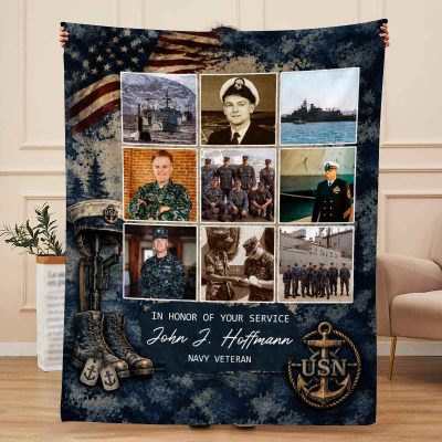 Personalized Navy Veteran Blanket, Custom US Navy Photo Collage Gift, Military Veteran Gift, In Honor of Your Service, Military Service Appreciation Decor