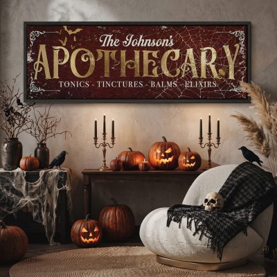 Halloween Apothecary Sign, Personalized Family Name Canvas, Vintage Gothic Halloween Decor, Last Name Wall Art, Fall Home Decor