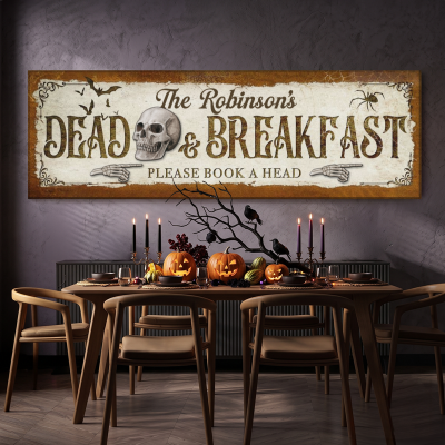 Personalized Dead & Breakfast Sign, Sleepy Hollow Halloween Canvas, Custom Family Name Skull Wall Art, Vintage Gothic Spooky Decor