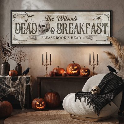 Personalized Dead & Breakfast Sign, Sleepy Hollow Halloween Canvas, Custom Family Name Skull Wall Art, Vintage Gothic Spooky Decor