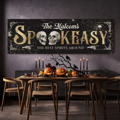 Personalized Spookeasy Bar Sign, Halloween Speakeasy Canvas, Custom Family Name Skull Wall Art, Spooky Man Cave Lounge Decor