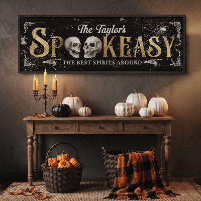 Personalized Spookeasy Bar Sign, Halloween Speakeasy Canvas, Custom Family Name Skull Wall Art, Spooky Man Cave Lounge Decor