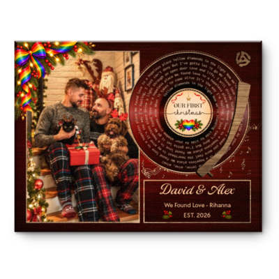 Personalized LGBTQ Couple First Christmas Vinyl Canvas, Custom Couple Photo Gift, Song Lyrics Gift, First Christmas Together Gift, Romantic LGBTQ Couple Gift